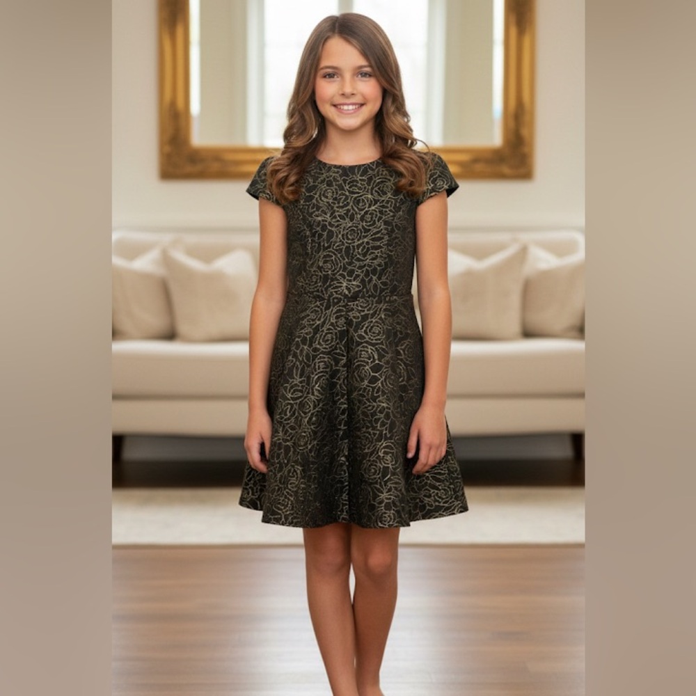 Nordstrom Girls Formal Black Dress with Gold Floral Design